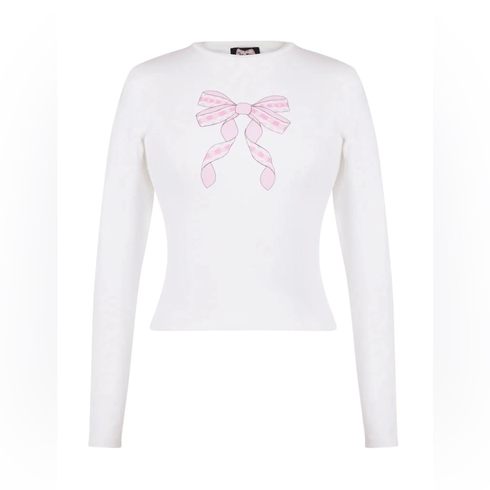 Les Miss NYC Maddie White Long Sleeve Top with Pink Bow Design